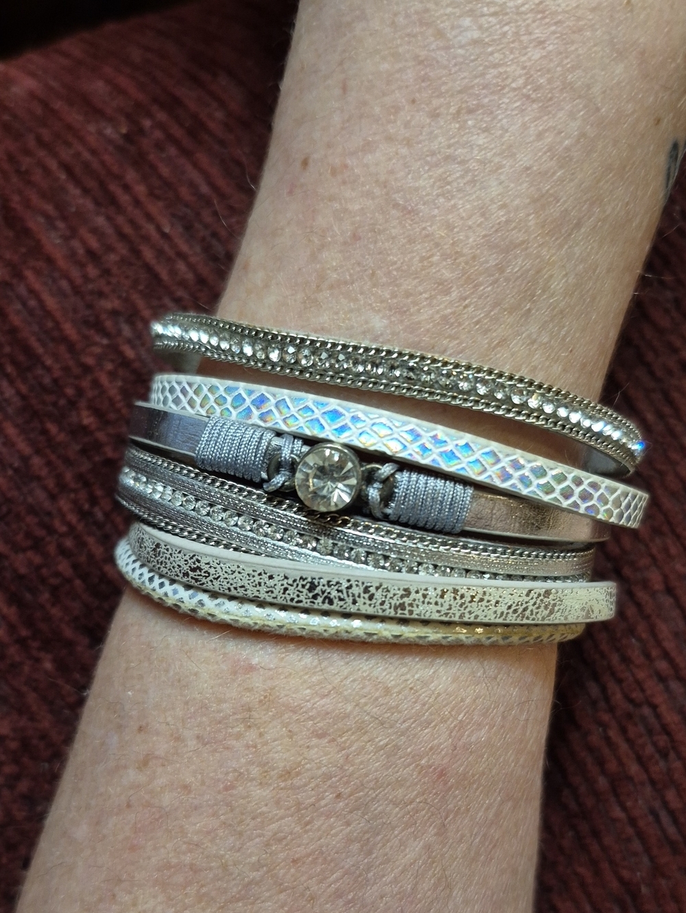 Silver-Tone Multi-Row Wrap Bracelet with Crystal Accent